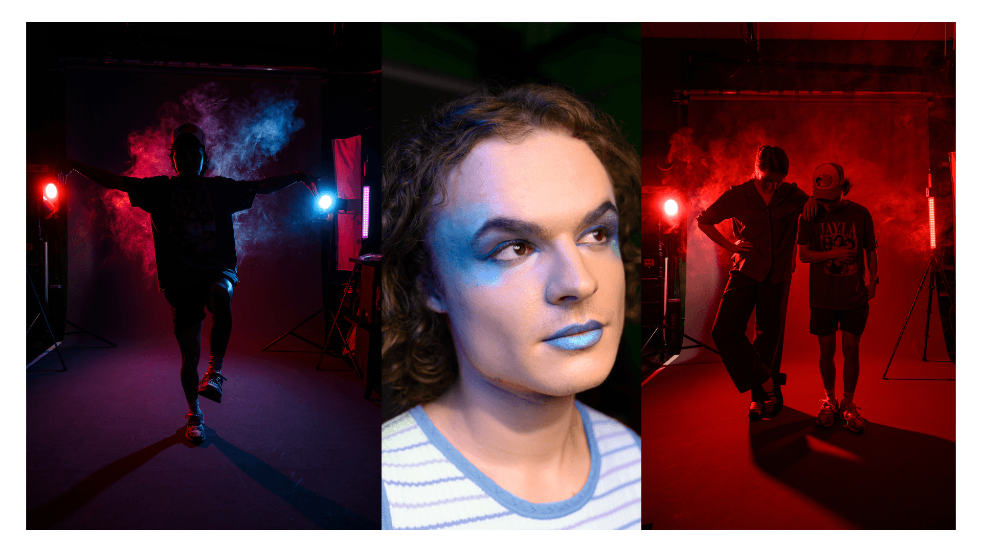 Three‑panel studio composite demonstrating colorful lighting, smoke effects, and makeup styling, including a silhouetted figure, a close‑up portrait with blue makeup, and two people posed in red‑lit smoke.